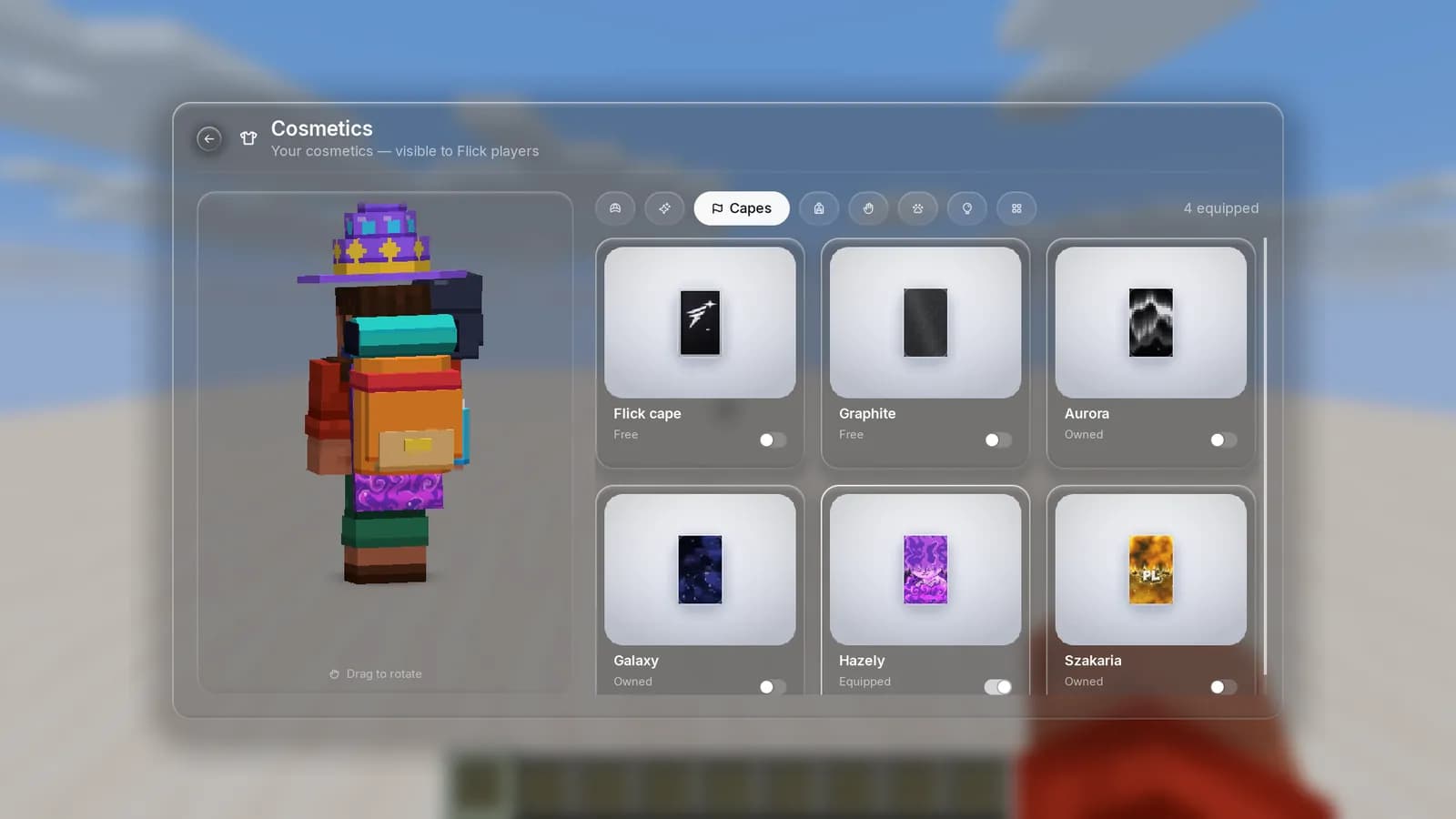 Flick Cosmetics screen on the Capes tab with a 3D preview of a player wearing a wizard hat, backpack and Hazely cape