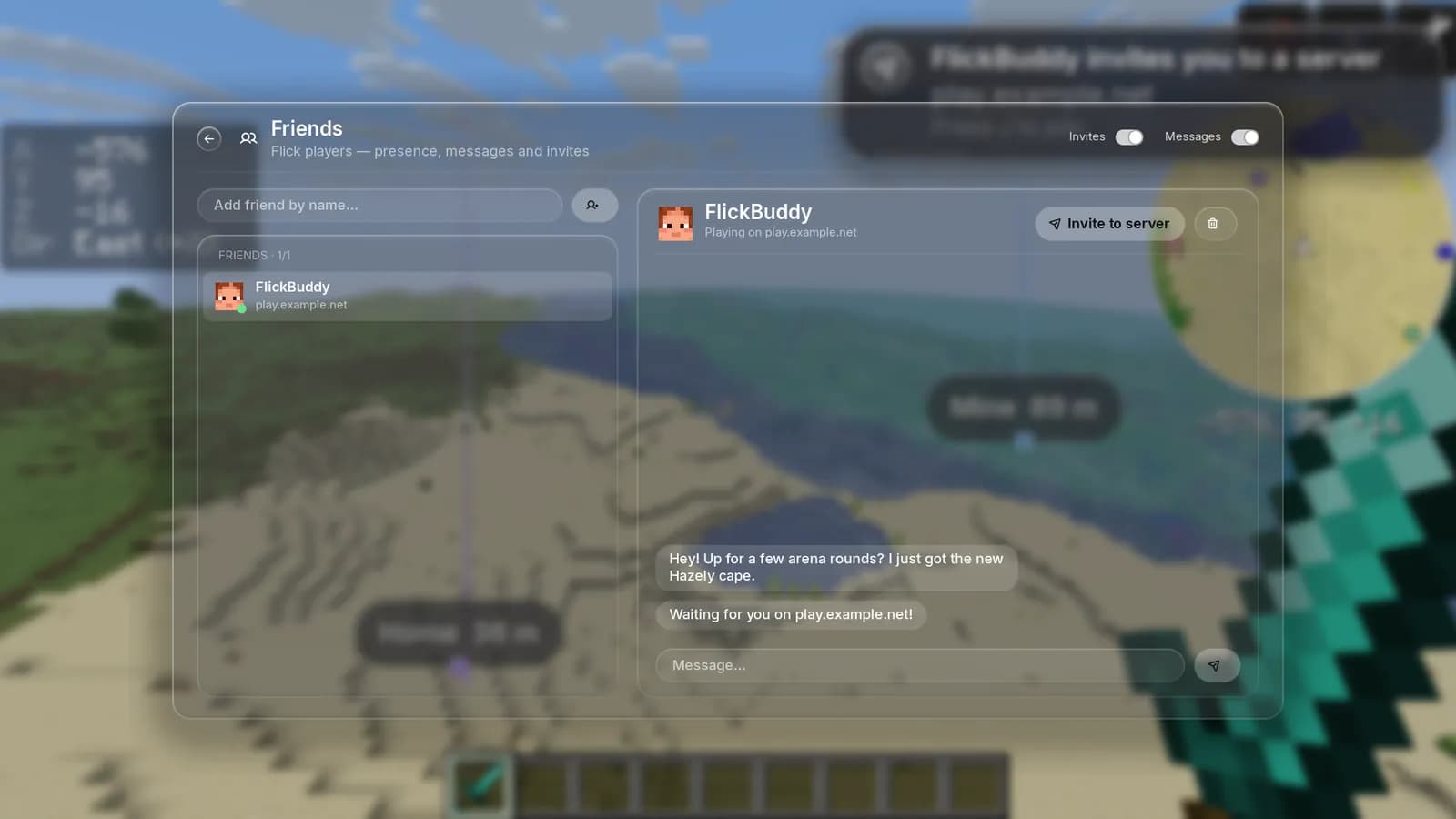Flick Friends screen with FlickBuddy online and a direct message