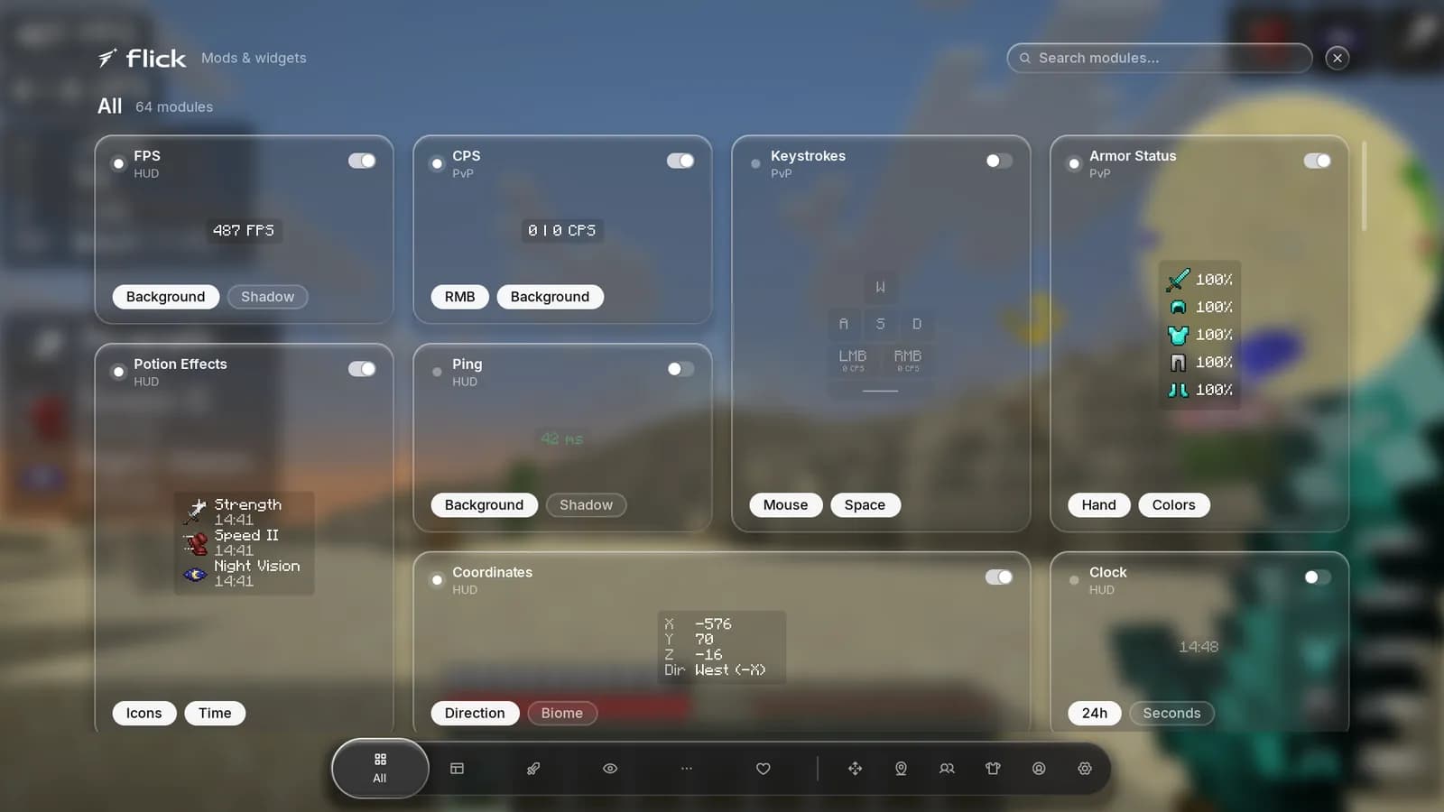Flick mod menu showing module tiles for FPS, CPS, Keystrokes, Armor Status, Potion Effects, Ping, Coordinates and Clock