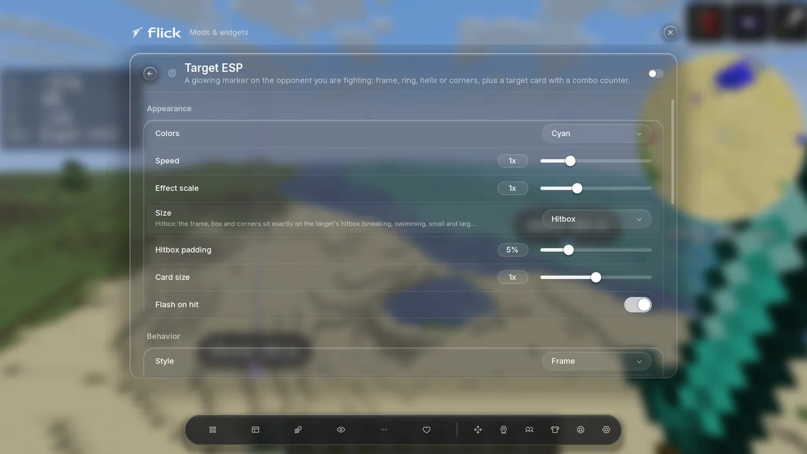 Target ESP settings page: colors, speed, effect scale, hitbox size and padding