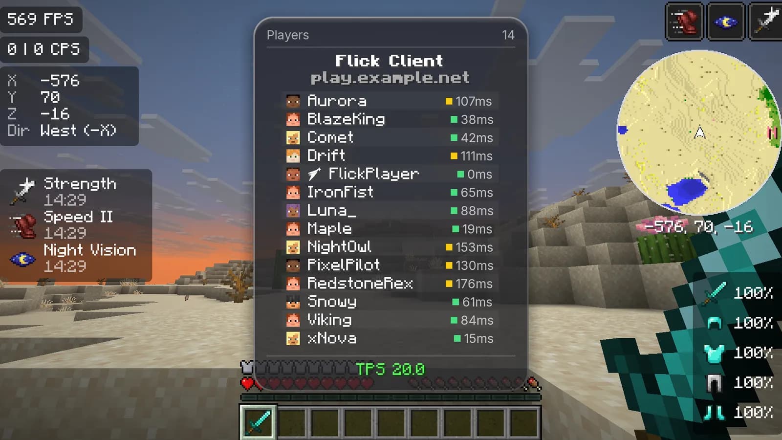 Flick glass tab list with 14 players, their ping and a server header