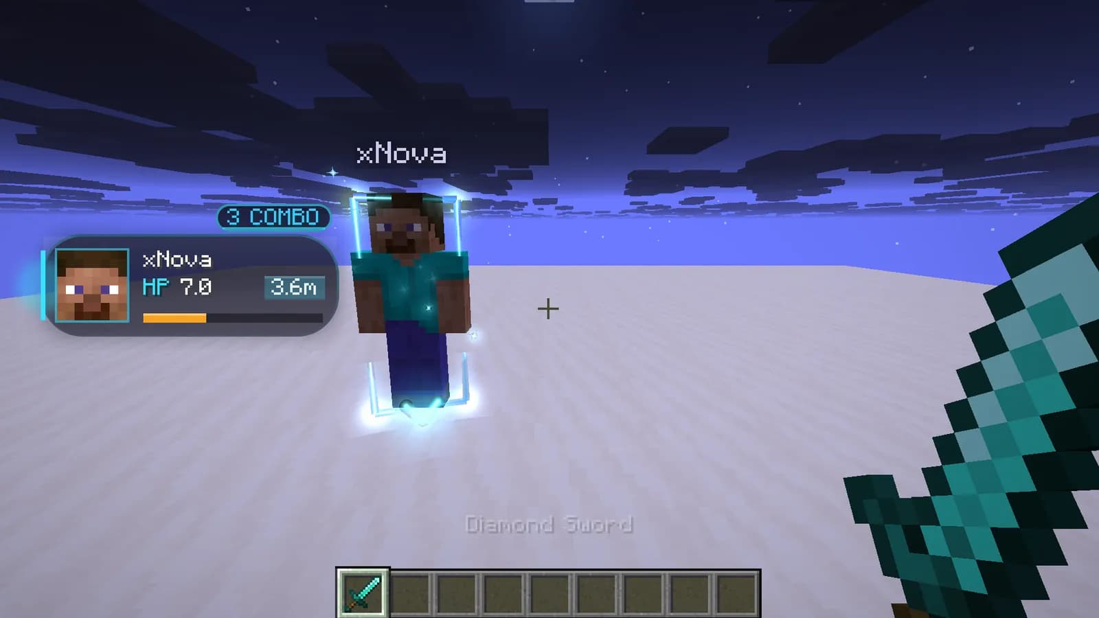 Cyan Target ESP frame around a player named xNova, with a card showing HP, distance and a 3 combo counter